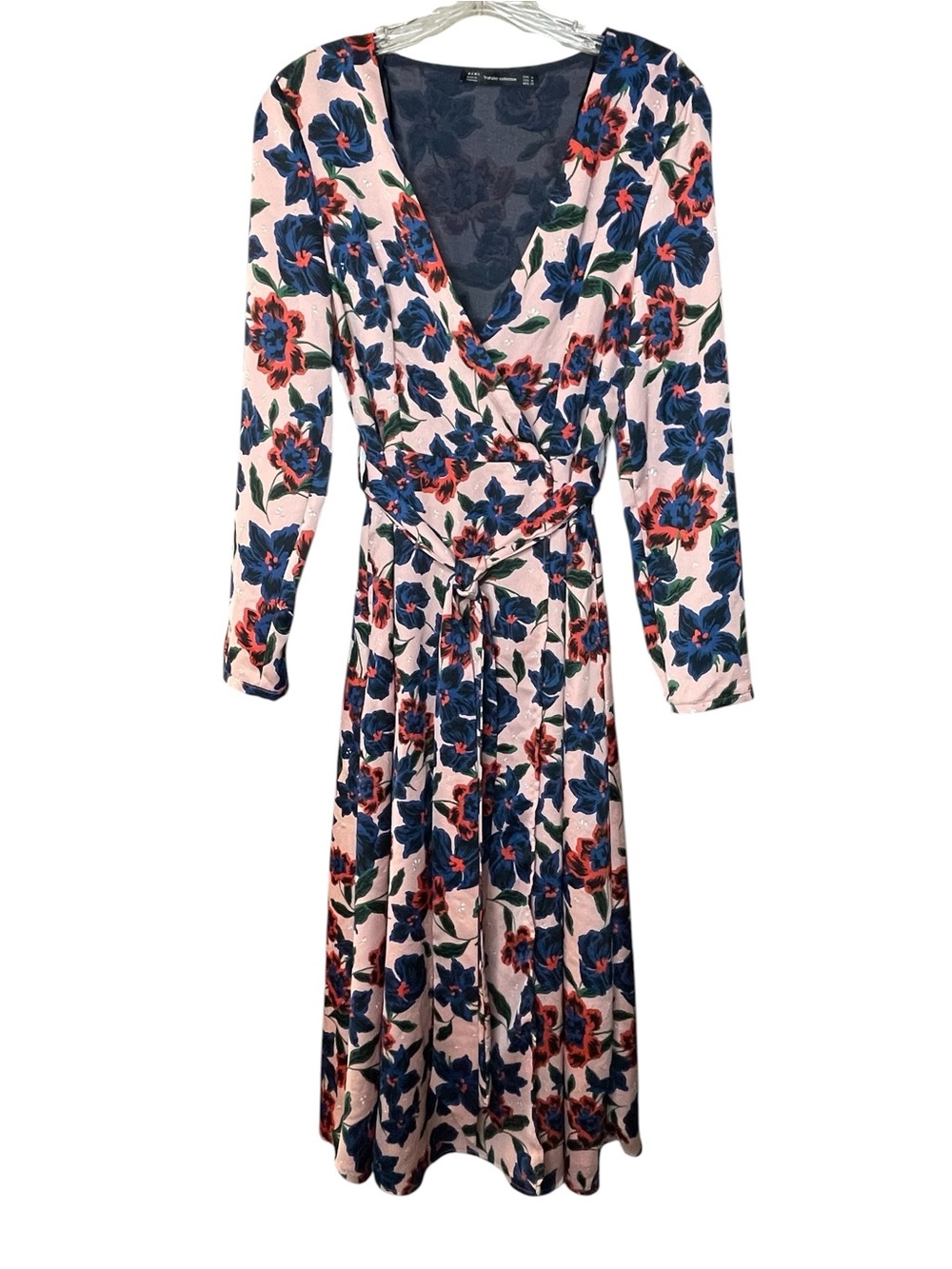 Zara Pink Wrap Midi Dress with Blue and Red Floral Print Sz M
